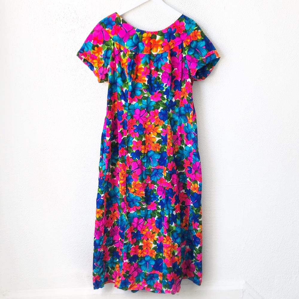60’s Vintage Tiki Oasis Hawaiian Colorful Floral Maxi Dress M L XL